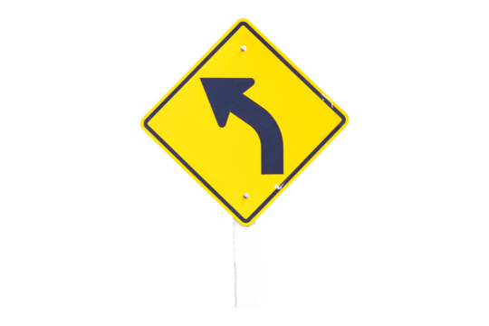 Road in mountains / Signs warning of curve car left side street. Rules for road users. Drive at safe speed, please be careful. Road sign restricts freedom isolated on cut out PNG.