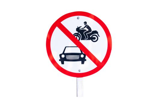 Prohibition sign for car and motorbikes side street or no allowed to run inside. Rules for road users. Drive at safe speed, please be careful. Road sign restricts freedom isolated on cut out PNG.