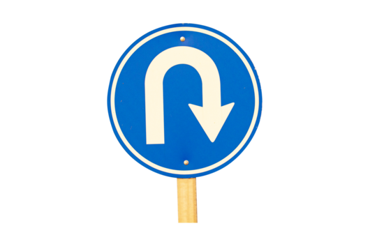 U turn sign blue for motorbike, car side street. Rules for road users. It's traffic sign. Isolated on cut out PNG. In nature daylight. Bold white symbol arrow indicating maneuver.