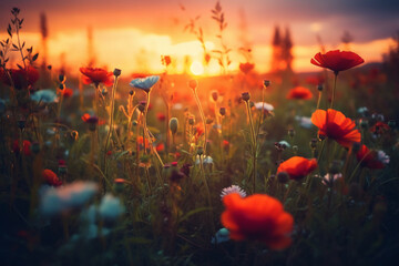 Fototapeta na wymiar Summer flower field close up with wild romantic sunset. AI generative