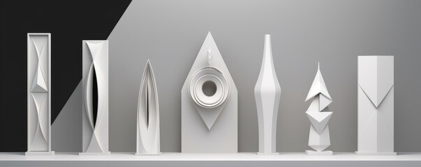 An abstract display of minimalist digital sculptures, showcasing the elegance and intricacy of technology