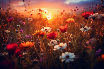 Naklejka premium Summer flower field close up with wild romantic sunset. AI generative