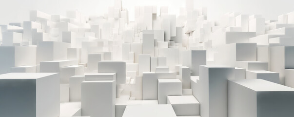 A minimalist panorama featuring white abstract geometric shapes, symbolizing the building blocks of technological innovation
