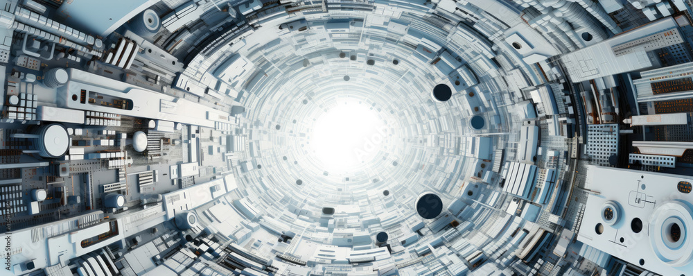 Wall mural panoramic view of white abstract circuitry patterns intertwining, symbolizing the interconnectedness