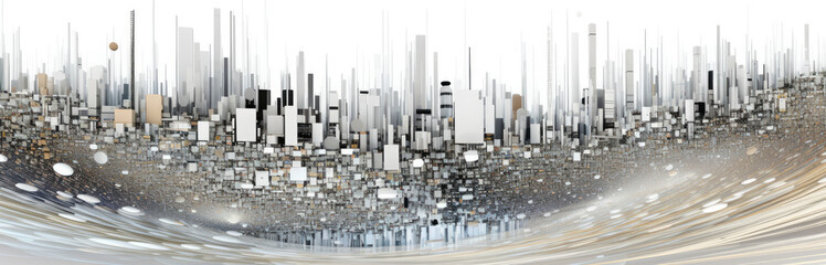 Panoramic view of white abstract data visualizations, portraying the beauty and complexity of information technology
