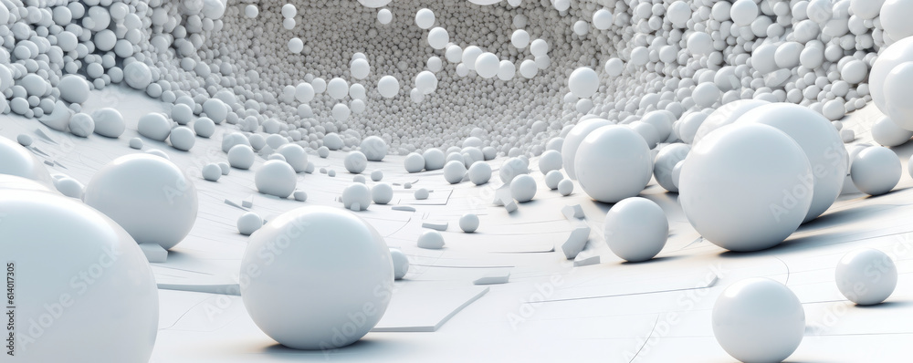 Wall mural panoramic view of white abstract data spheres floating in a digital space, symbolizing the infinite 