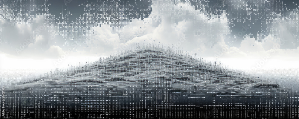 Wall mural an abstract display of white binary code particles forming a panoramic digital landscape, symbolizin