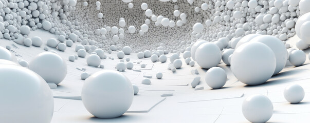 Panoramic view of white abstract data spheres floating in a digital space, symbolizing the infinite potential of technology