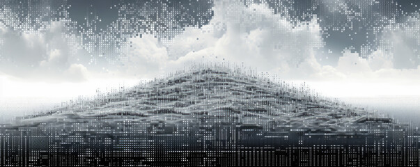 An abstract display of white binary code particles forming a panoramic digital landscape, symbolizing the interconnectedness of technology