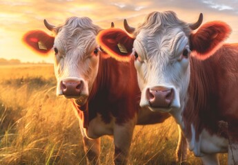 close-up Two cows graze in the meadow.Generative AI 