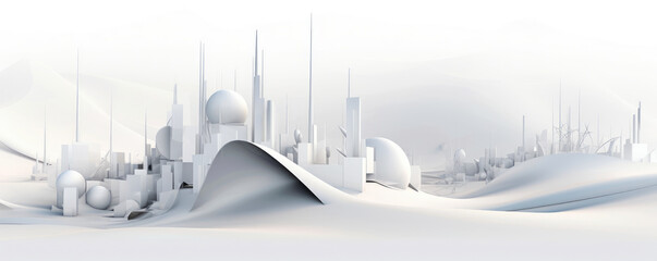 A minimalist panorama showcasing white abstract shapes inspired by technological elements, evoking a sense of innovation