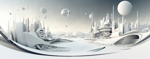 A minimalist panorama featuring white abstract shapes inspired by technological elements, evoking a sense of innovation and progress