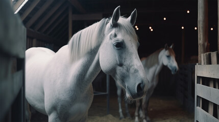 beautiful well-groomed horses in the stable. Generative AI