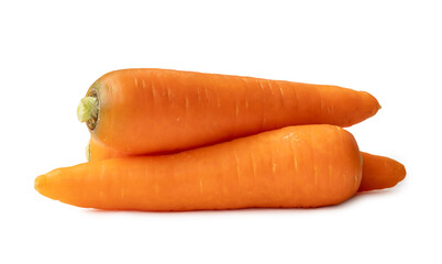 Three fresh orange carrots in stack isolated on white background with clipping path. Close up of healthy vegetable root