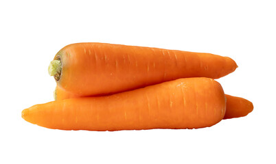 Three fresh orange carrots in stack isolated on white background with clipping path. Close up of healthy vegetable root in png file format