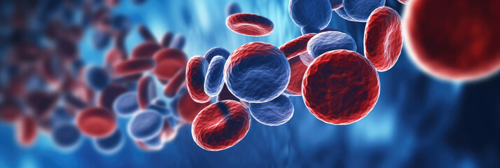 microscopic view of red and white blood cells flowing in a vein, symbolizing hematology and health, on a deep blue background