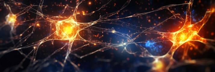 Fototapeta na wymiar abstract panorama of a digital neuron network, glowing brightly against a dark background, illustrating neurology