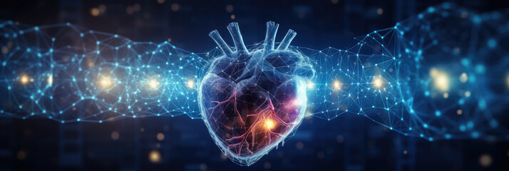 abstract panorama of a glowing human heart interconnected with digital nodes, illustrating cardiology on a deep blue background