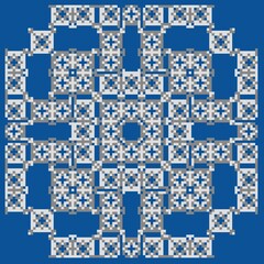 紺色を背景に白と灰色の四角形で構成された模様