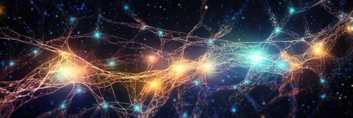 abstract rendering of a human brain, glowing against a dark background, connected to a network of digital nodes, illustrating neurology