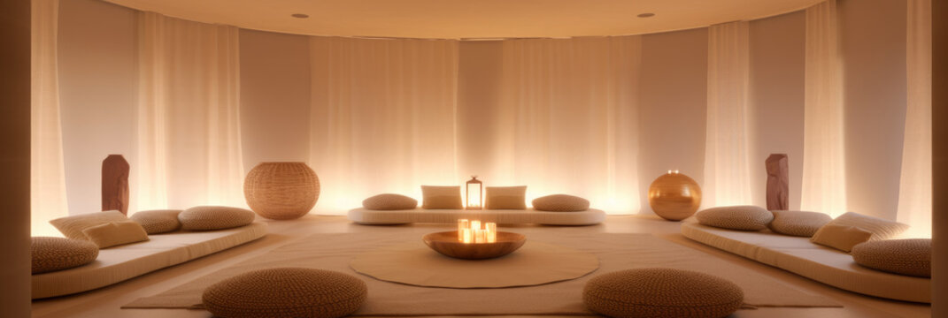 Panorama of a serene meditation room in a wellness center with comfortable cushions, warm lighting, and minimalist decor