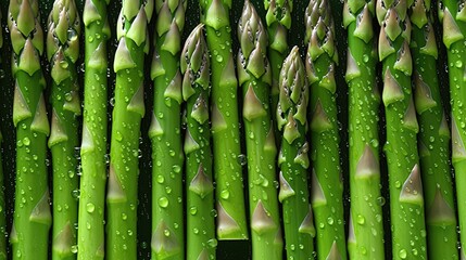 Fototapeta premium Fresh Green asparagus, seamless background, adorned with glistening droplets of water. Top down view.