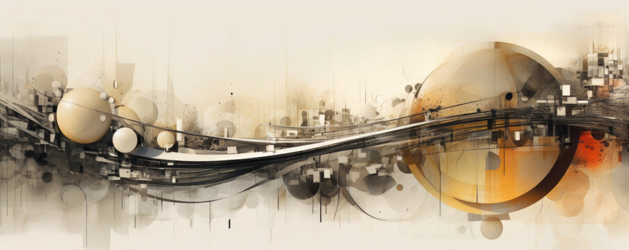 An abstract panorama depicting the fusion of technology and nature, with minimalist elements and organic textures