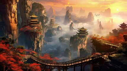 Fototapeta na wymiar spectacular epic vista of overly glorious trippy ancient ritual zhangjiajiei, vibrant , beautiful Oriental fantasy , fine details 