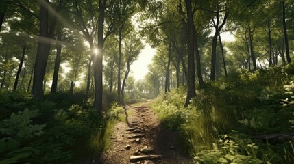 morning in the forest, image of peaceful nature of a forest with sunbeams, a path