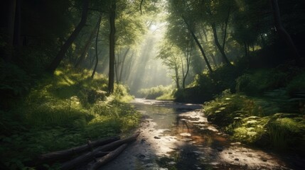 Obraz premium morning in the forest, image of peaceful nature of a forest with sunbeams, a path