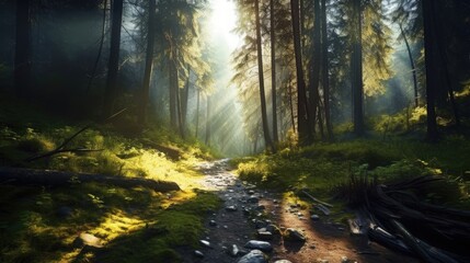 Obraz premium morning in the forest, image of peaceful nature of a forest with sunbeams, a path