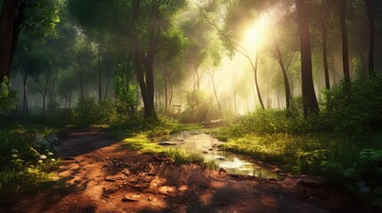 Fototapeta premium morning in the forest, image of peaceful nature of a forest with sunbeams, a path