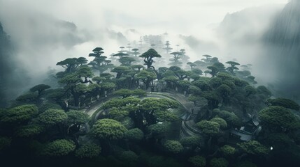 misty mountain landscape, a sprawling forest of towering bonsai, in the style of surreal landscape photography, high-angle, mesermizing, stunning 