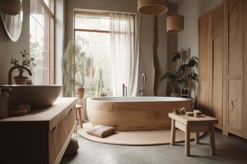 Naklejka na ściany i meble White and beige bathroom with wooden bohemian decor. Bathtub and washbasin made of marble. interior design of a farmhouse in Japan,. Generative AI