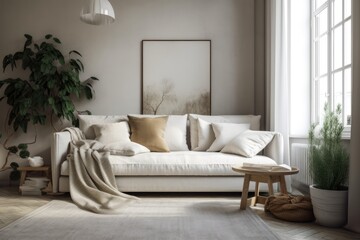 With a contemporary sofa, cushion, blanket, large vase, and attractive personal accessories in fashionable home d&eacute;cor. white sofa in the living room. Generative AI