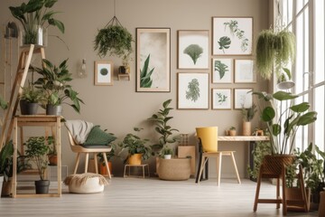 Fototapeta na wymiar With a mock up poster frame, wooden furniture, and various plants in prepared pots, this pleasant interior design for a plant lover's home is creatively put together. Love of nature and the home garde