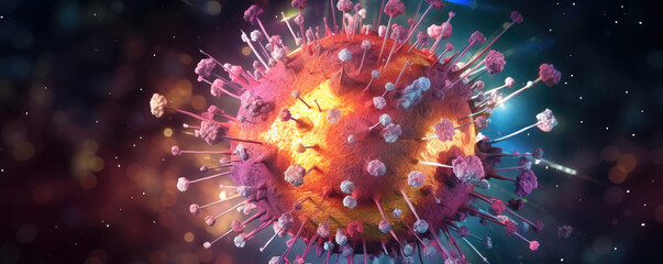 Wide aspect ratio of a stylized virus particle, symbolizing the impact of pandemics