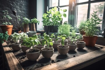 young plants. the interior of the studio garden. Generative AI
