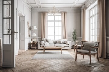 Naklejka na ściany i meble White and faded tones dominate this vintage wooden living room. Parquet flooring, decorations, and a mock up of a wall design of a farmhouse interior. Generative AI