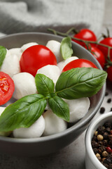 Delicious mozzarella balls in bowl, tomatoes and basil leaves on table, closeup