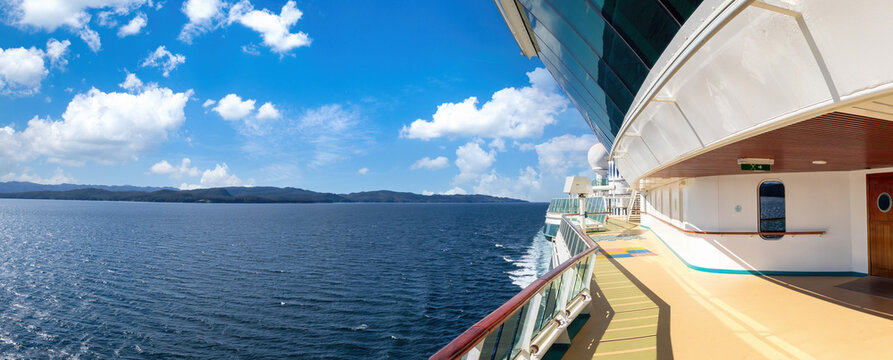 Panoramic Ocean View With Luxury Cruise Ship Heading To Vacation From Seattle To Alaska.