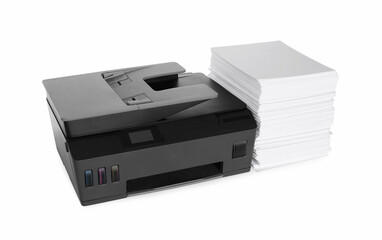 Modern printer and stack of paper on white background