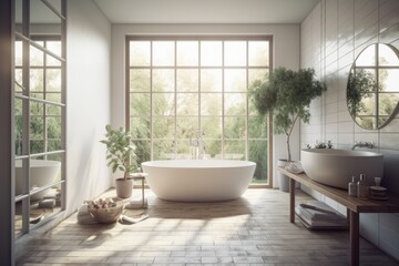 White and tiled bathroom interior with a big window, a wooden floor, and a white bathtub. mock up toned double exposed image. Generative AI