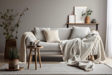White sofa with grey pillows and a blanket in a little living space. Generative AI