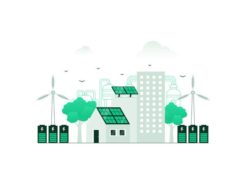 Distributed energy generation concept. Sustainable power from solar panels and wind turbines, stored in central battery for electricity distribution. Vector illustration with minimalist color.