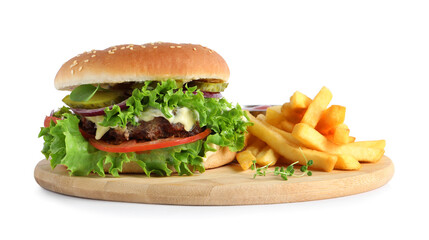 Delicious burger with beef patty and french fries isolated on white