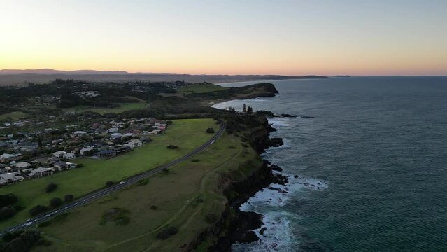 Sunset over cliffs in Ballina, New South Wales, Australia. Shot in 4k via a DJI Mini 3 Pro. 