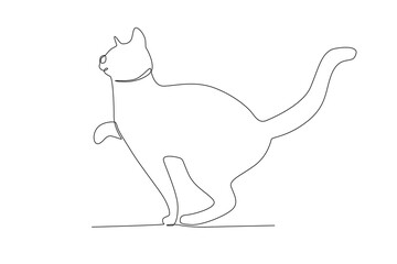 A standing cat raises one paw. International cat day one-line drawing