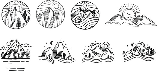 set of Camping mountain advanture hand drawn illustrations