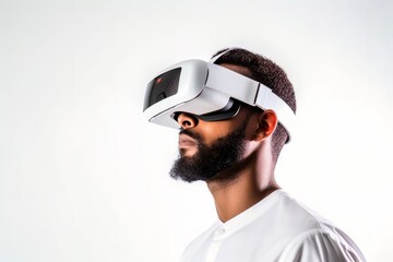 Bearded man face in virtual reality glasses isolated on white background Generative AI